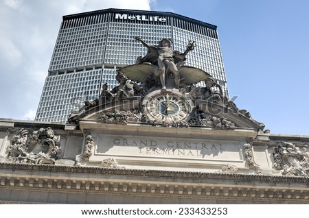 NEW YORK, NY - AUGUST 17, 2013: Grand Central Terminal with MetLife Building of New York in the background. Grand Central Terminal is a commuter rail terminal station at 42nd Street and Park Avenue.