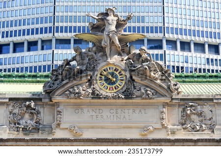 NEW YORK, NEW YORK - AUGUST 17, 2013: Grand Central Station in New York. The iconic beaux arts statue of the Greek God Mercury that adorns the south facade of Grand Central Terminal on 42nd Street.