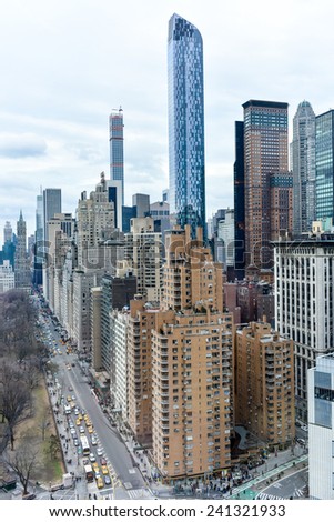 NEW YORK, NEW YORK - DECEMBER 28, 2014: View of Central Park South and residential skyscrapers in New York City, New York on a winter\'s day.