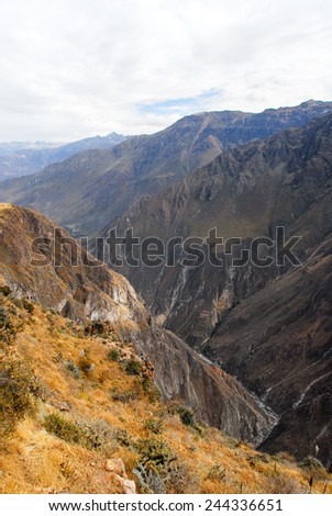 View of Colca Canyon, Peru, South America from Mirador Cruz del Condor. One of the deepest canyons in the world.