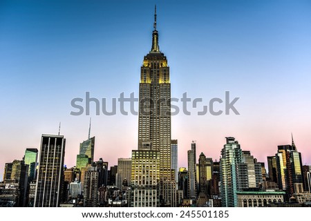 NEW YORK, NEW YORK - JANUARY 10, 2015: New York City skyline with urban skyscrapers at sunset.