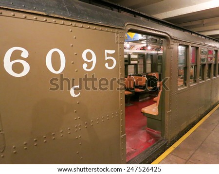 BROOKLYN, NEW YORK - SEPTEMBER 15, 2012: New York Transit Museum with vintage train and sign.