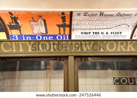 BROOKLYN, NEW YORK - SEPTEMBER 15, 2012: New York Transit Museum with vintage train and advertisements.