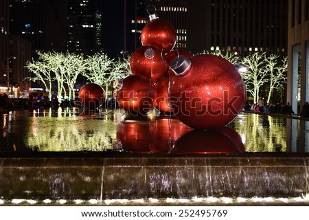 NEW YORK CITY - DEC. 25, 2014: New York City landmark, Radio City Music Hall in Rockefeller Center decorated with Christmas decorations in Midtown, Manhattan NYC.
