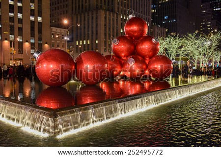NEW YORK CITY - DEC. 25, 2014: New York City landmark, Radio City Music Hall in Rockefeller Center decorated with Christmas decorations in Midtown, Manhattan NYC.