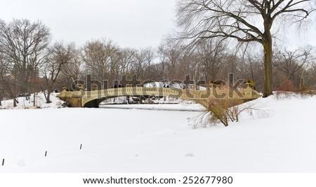 NEW YORK, NEW YORK - FEBRUARY 16, 2014: Bow Bridge in Central Park, NYC after a snow storm.