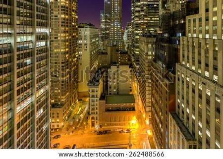 View of downtown Manhattan, New York and the Financial District at night from above.