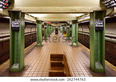 BROOKLYN, NEW YORK - MARCH 8, 2015: MTA Clark Street Subway Station (2, 3) in the Brooklyn Heights area of Brooklyn, New York.