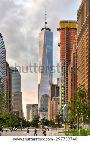 New York, New York - July 15, 2015: View of the World Trade Center from Battery Park looking north.