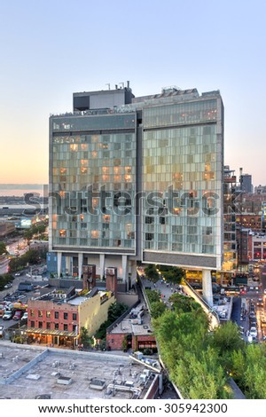 New York City - August 7, 2015: View across Manhattan Meatpacking District and Chelsea from above, at sunset with The Standard Hotel in view.