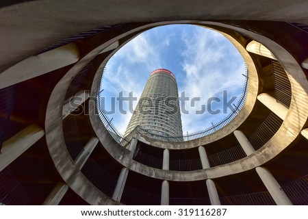 Johannesburg, South Africa - May 25, 2015: Ponte City Building, looking upwards. Ponte City is a famous skyscraper in the Hillbrow neighbourhood of Johannesburg.