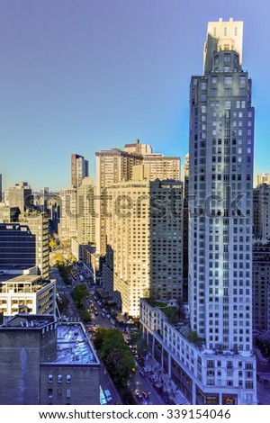 New York City - November 8, 2015: Aerial view of residential skyscrapers in New York City, New York by Columbus Circle and Broadway.