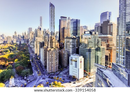 New York City - November 8, 2015: Aerial view of Central Park South and residential skyscrapers in New York City, New York by Columbus Circle.