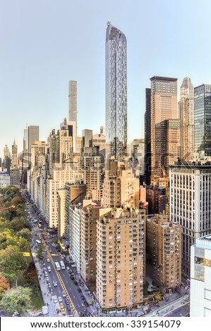 New York City - November 8, 2015: Aerial view of Central Park South and residential skyscrapers in New York City, New York by Columbus Circle.