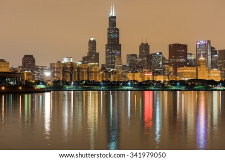 Chicago - September 7, 2015: Panoramic view of the Chicago Skyline over Lake Michigan at night.