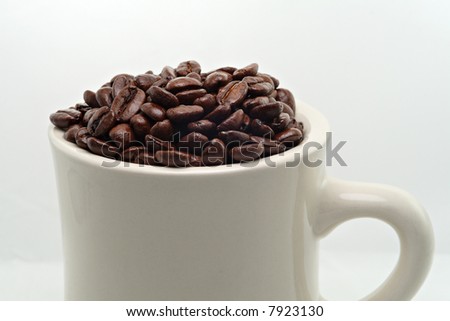 Freshly-roasted Mexican coffee beans in a white mug - white background