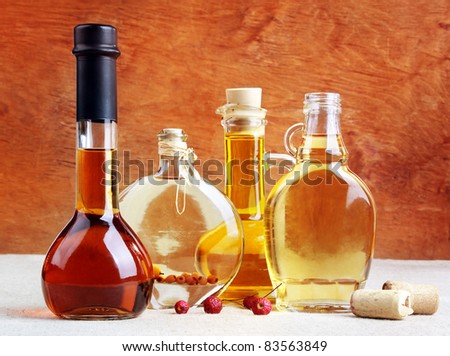 Aromatic wines, liqueurs, tincture and spirits in elegant bottles, still life
