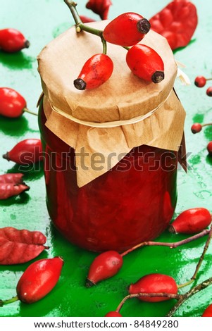 Preserve made from the wilde rose petals and fruits, still life