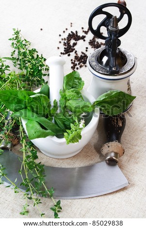Herbs and spices with vintage cookware: knife for herbs, mortar and pepper mill, still life.