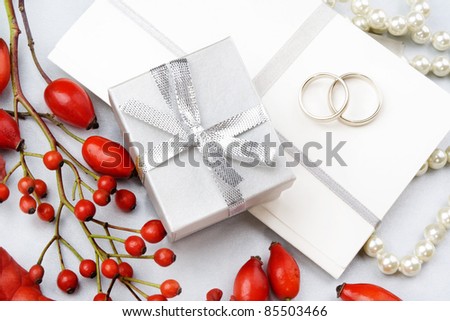 stock photo Wedding invitation with wedding rings gift box decorative 