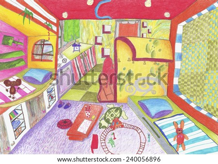 The interior of the eyes of a child. In the children's room on the floor scattered toys, and on the walls hang pictures.