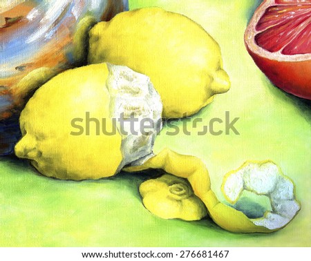 Sour lemon painted in oil on canvas.Two yellow lemon on a green background.