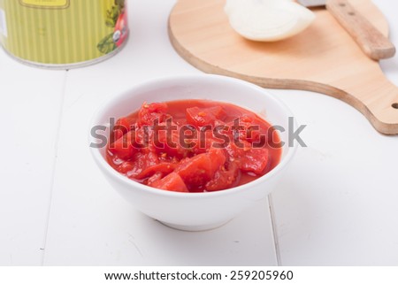 canned diced tomatoes in a white bowl, shallow depth of field