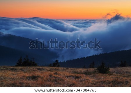 Rolling clouds in autumn Jeseniky mountains, Praded, Czech Repub