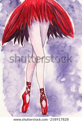 Ballerina in a red tutu and pointe on a purple background. Watercolor illustration