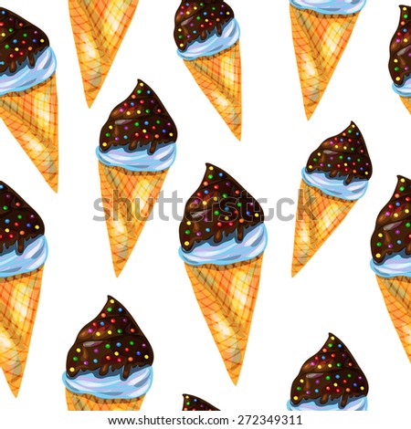 Seamless pattern with ice cream in a waffle cone