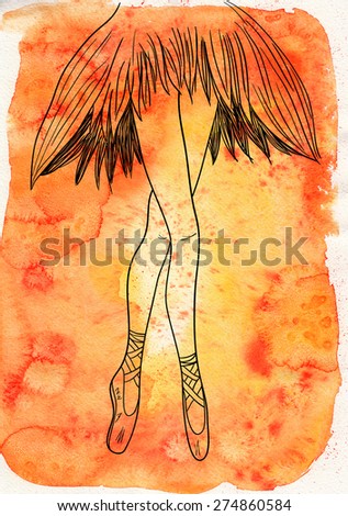 Ballerina in tutu and pointe on orange watercolor background