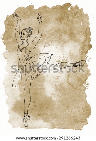 Young and beautiful ballerina on sepia watercolor background