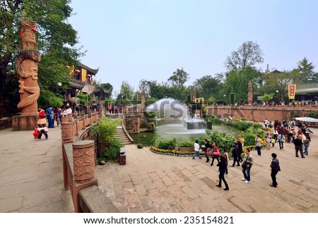 Chengdu, China - October 26,2013 : The tourists exploring Chinese old culture and custom in Huanglongxi Ancient Town.