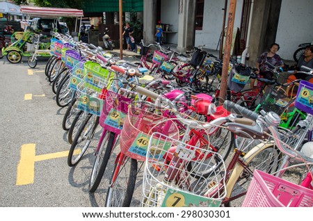 Georgetown,Penang - July 17,2015 : Bicycle renting service available in the street art in Georgetown, Penang