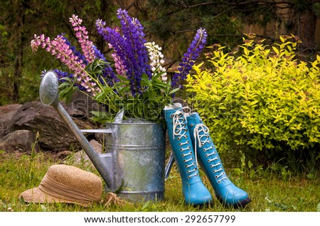 Garden tools. Composition of metallic watering can, rain boots and straw hat.