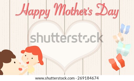 cartoon style happy mother's day illustration with ivory color wooden background/ holiday e-card template/ cute characters and gifts clip art