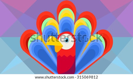 Gorgeous eye catching beautiful vivid color macaw parrot, cartoon tropical bird animal character vector. Abstract geometric shape pattern background. Red, green, yellow, blue gradient feather wings.