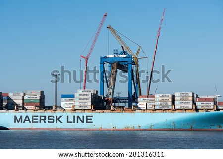 Bremerhaven, Germany - May 24, 2015: After the tragic accident on the container bridge on Ascension and the fire event from 22:05 2015 the Maersk Karachi,
