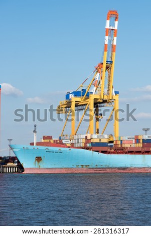 Bremerhaven, Germany - May 24, 2015: After the tragic accident on the container bridge on Ascension and the fire event from 22:05 2015 the Maersk Karachi,