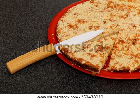 Slice of Curd Cheesecake on Red Dish and Ceramic Knife