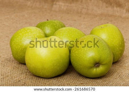Six small green apple on the bagging