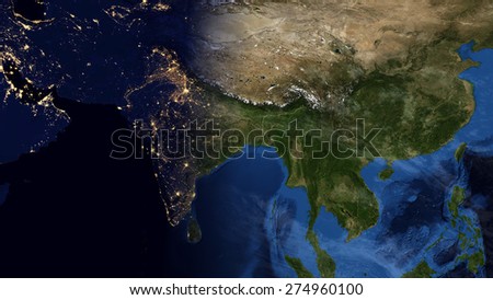 World Map Montage - Asia Day & Night Contrast (Public Domain Maps furnished by NASA)