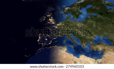 World Map Montage - Europe Day & Night Contrast (Public Domain Maps furnished by NASA)