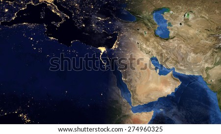 World Map Montage - Mediterranean Day & Night Contrast (Public Domain Maps furnished by NASA)