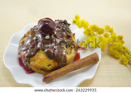 Chocolate muffin with a cherry on top put on a white plate decorated with a cinnamon stick and mimosa flowers