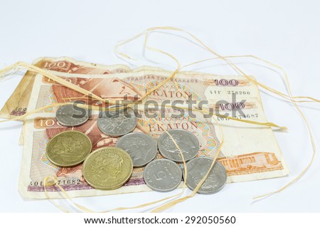 Old Greek currency drachma banknotes on white background