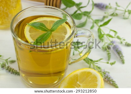Cold healthy mint tea with lemon on a table with mint plant, honey,dipper and dessert