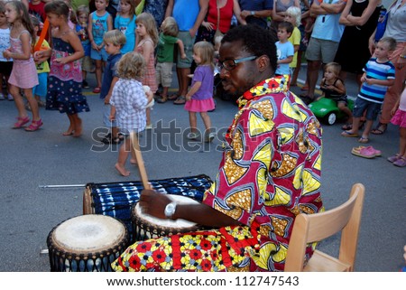 LJUBLJANA, SLOVENIA - AUGUST 30: Emonska Promenade, open air theater and creative tour on August 30, 2012 in Ljubljana, Slovenia. KUD Baobab (SI) with dance and music animation Visit African Villages.