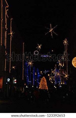 LJUBLJANA, SLOVENIA - DECEMBER 24: Preseren square in festive lightning for Christmas and New Year\'s Eve celebration with entertainment program. Ljubljana, Slovenia, on December 24, 2012.