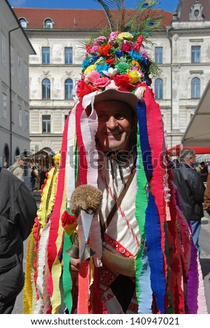 LJUBLJANA, SLOVENIA - JUNE 1: Pozvacin (one who invites to the wedding) at traditional ethno-culinary presentation of Prekmurje region in Ljubljana, SI, on June 1, 2013. He also entertains guests.